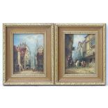 P M, XIX, English School, Oil on artist's board, a pair, Figures in a cathedral street,