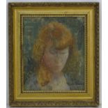 Indistinctly signed, mid XX, Oil on canvas board, Portrait of an auburn haired girl,