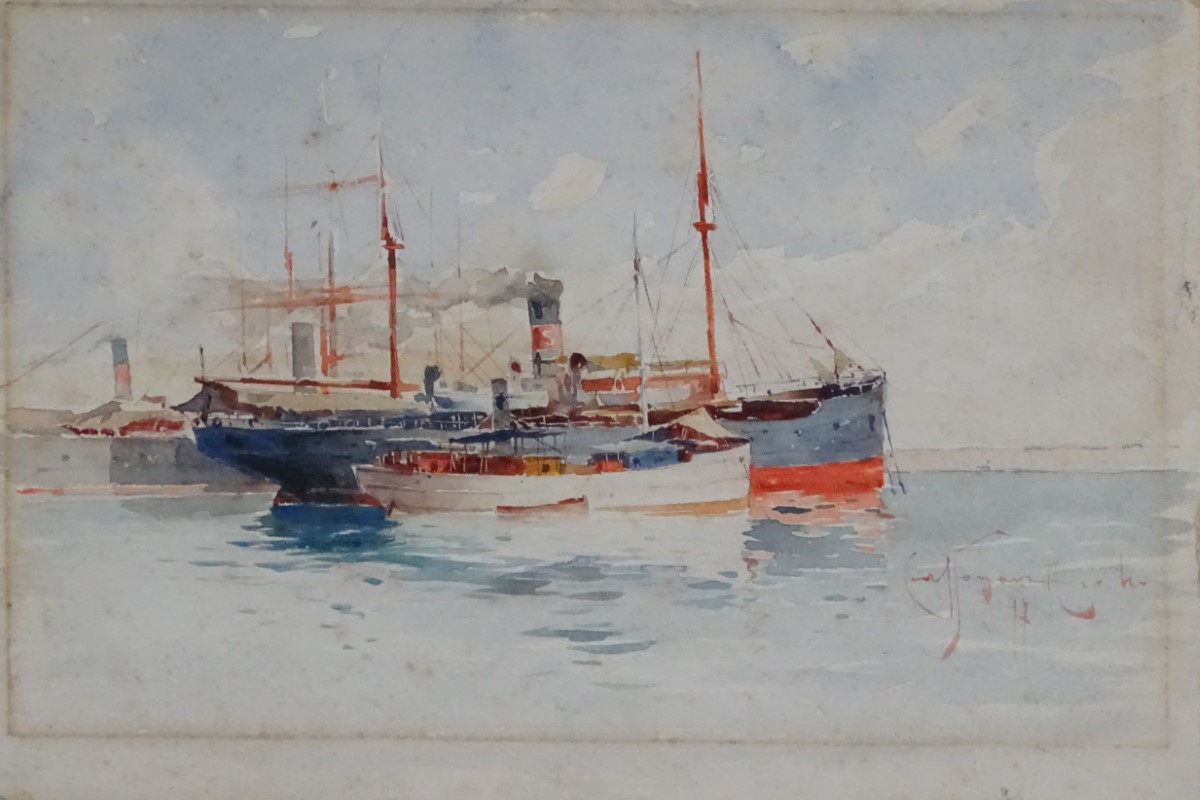 Indistinctly Signed, XIX, Marine School, Watercolour, Moored steam ships, - Image 5 of 7