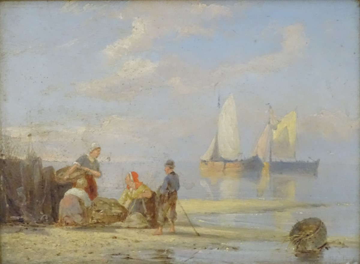 Pieter Cornelis Dommerson (1934-1908), Dutch, Oil on mahogany fielded panel, Figures on the shore, - Image 4 of 7