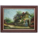 Baille, XX, Oil on canvas, An old American cottage with figures, Signed lower left.