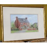 A watercolour of a large modern home, signed 'Lynne Groventt' lower right.