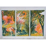 A tryptic print of flamingos,