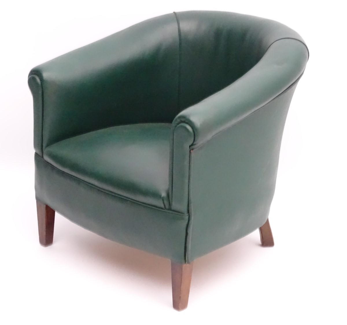 A mid 20thC green tub chair standing on squared tapering legs. 28” wide x 25” deep. - Image 3 of 4