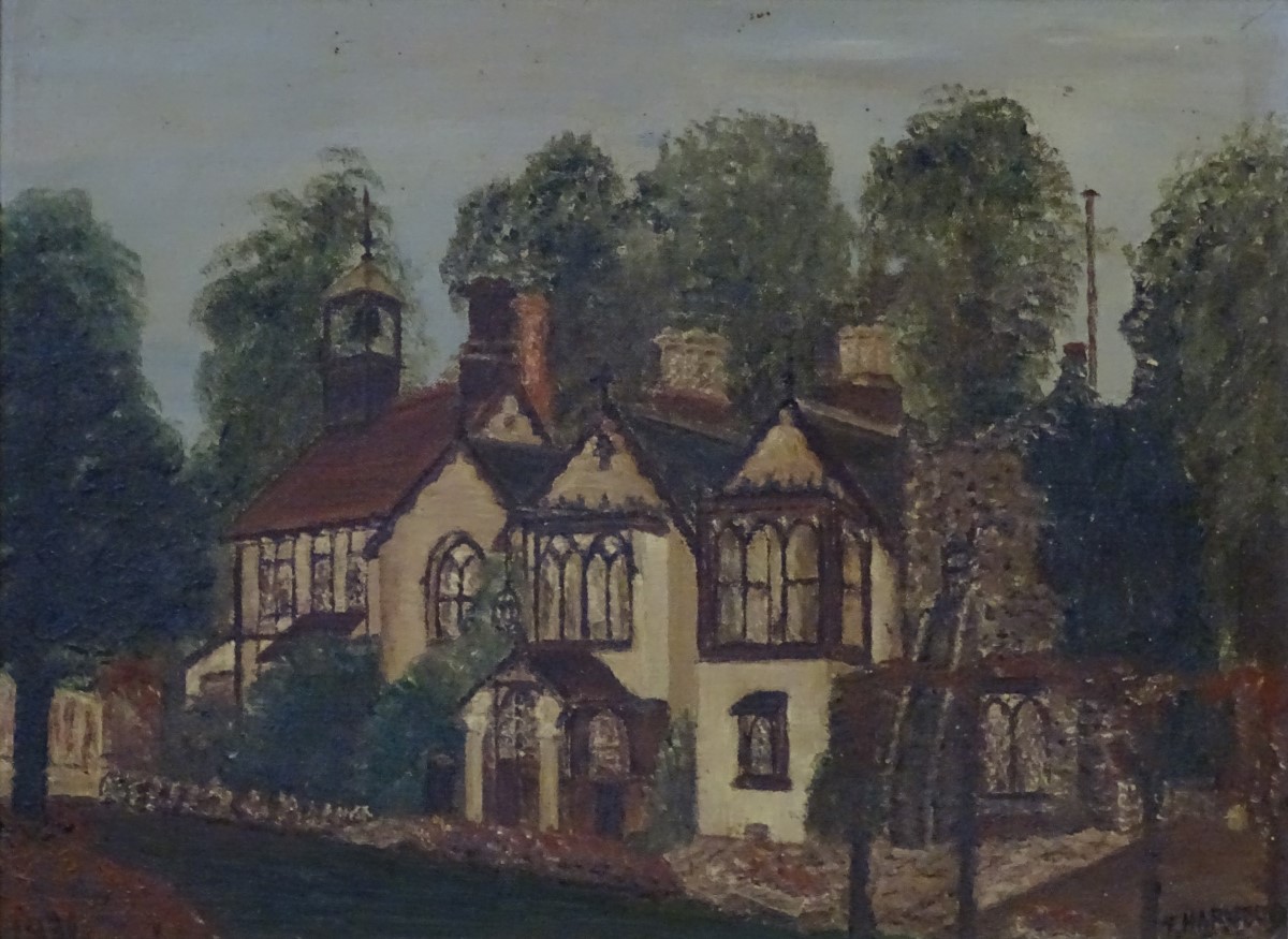 Thomas Harwood, 1931, Oil on canvas, 'Lewgars', a Gothic cottage, - Image 4 of 6