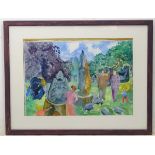 Sally Hunkin, XX, British School, Watercolour, Figures and guinea fowl in a sculpture garden,