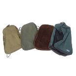 Four assorted wellington boot bags, variously of suede, canvas and synthetic construction,