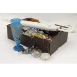 A box of assorted miscellaneous to include ceramics and glassware, carved items, umbrella etc.