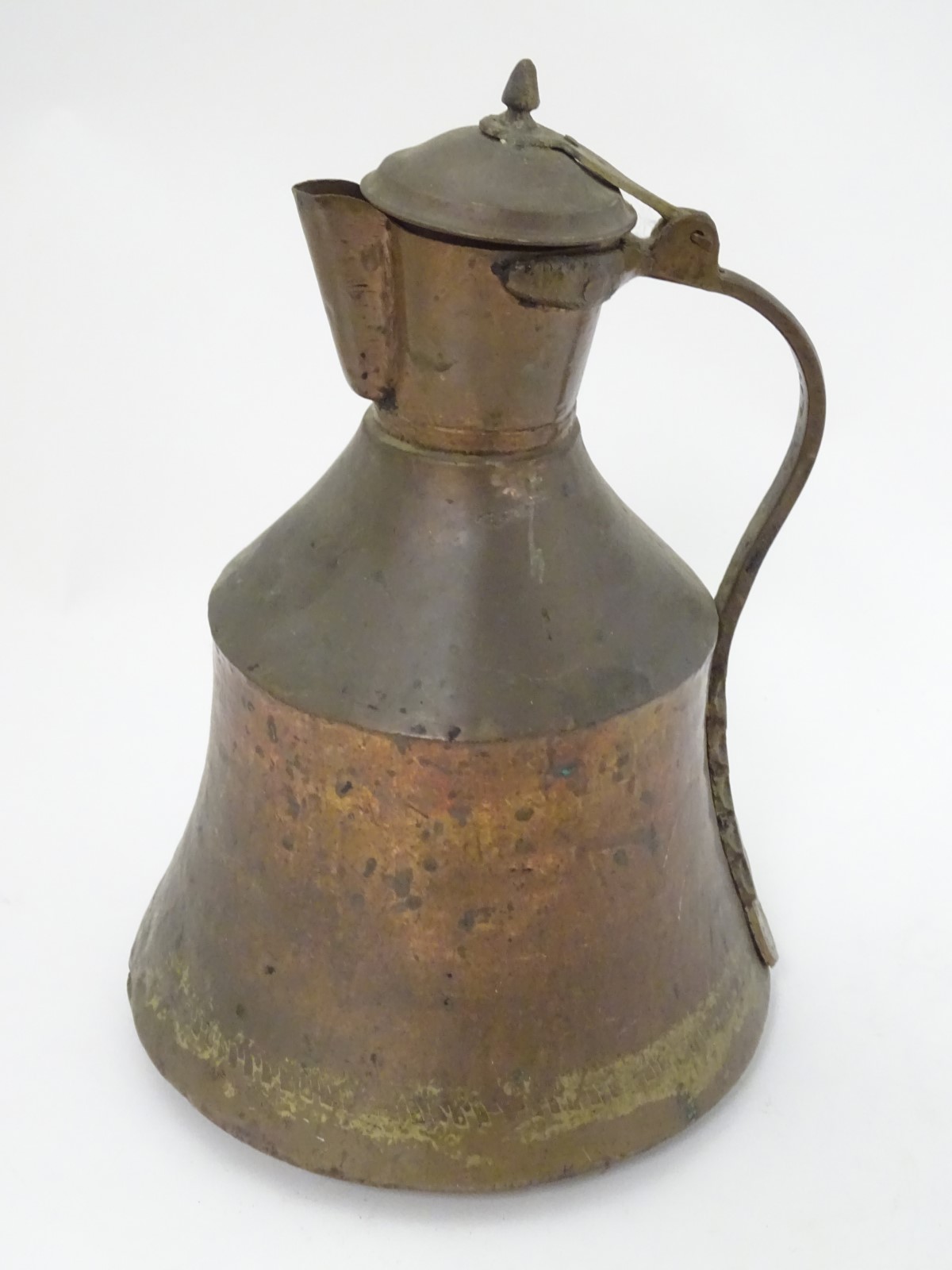 An Ottoman plannished copper and brass handled lidded ewer, - Image 3 of 6