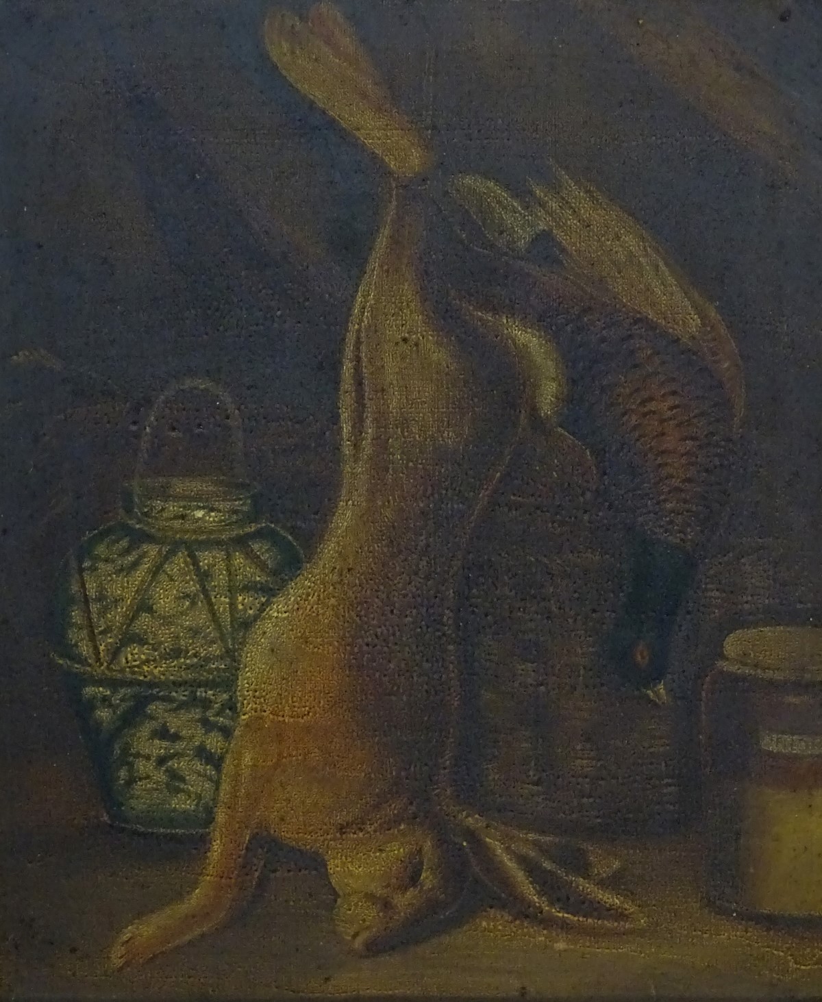 C. 1800 English School, Oil on canvas, The Day Bag ; hare, pheasants, Chinese vase , onions etc. - Image 5 of 5