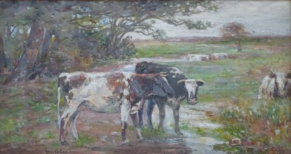 John Carlaw (1850-1934), RSW, Oil on board, Cattle near a river, Signed lower left. - Image 5 of 7