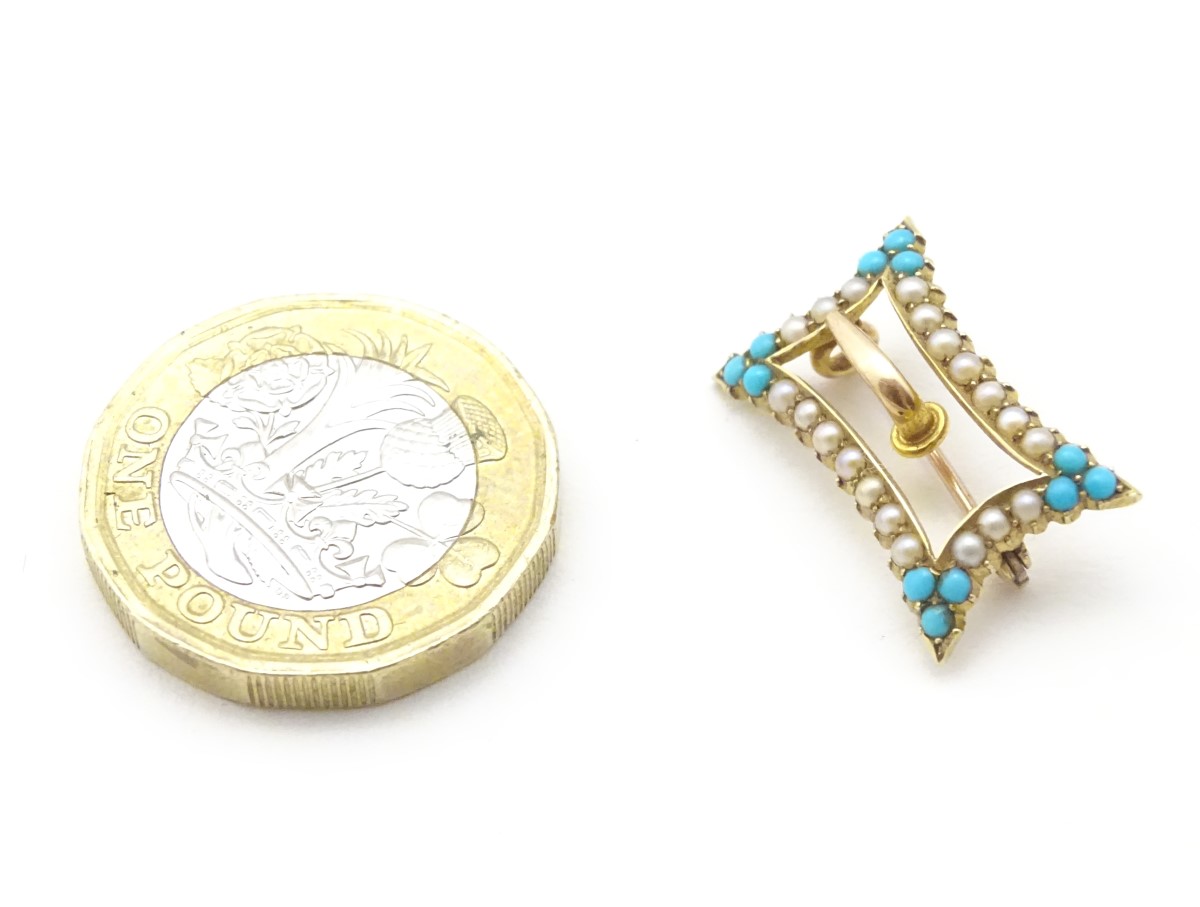 A late 19thC / early 20thC 15ct gold buckle formed brooch set with turquoise and seed pearl. - Image 6 of 9