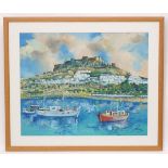 T J Kapas, XX, Oil on canvas laid on board, A Mediterranean coastal scene with fishing boats,
