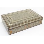 An Indian lidded sandalwood box with inlaid mother of pearl, bone and micromosaic,