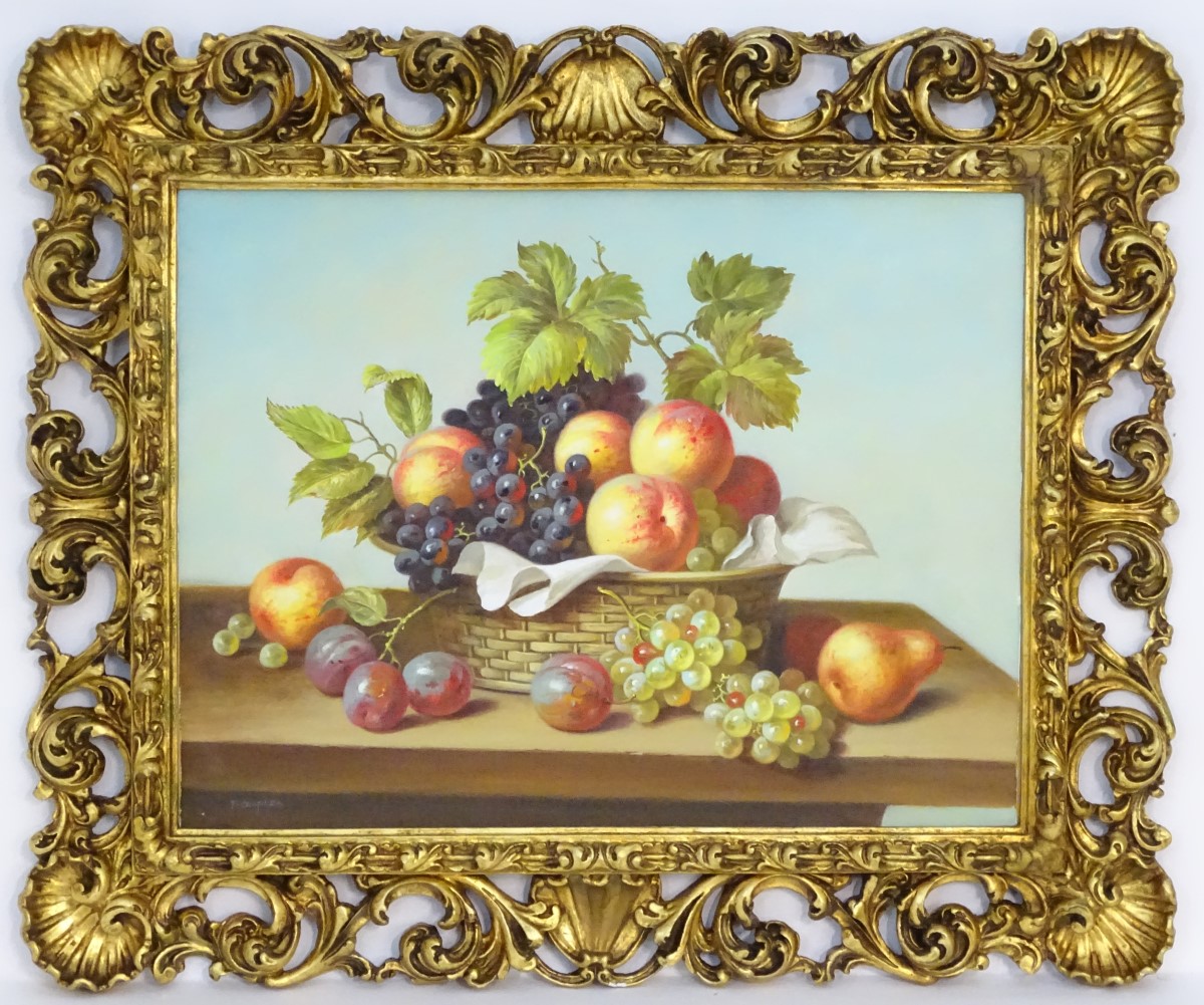 Tom Caspers XX, Oil on canvas laid on board, Still life of fruit, apples, grapes, plums, pears, - Image 5 of 10