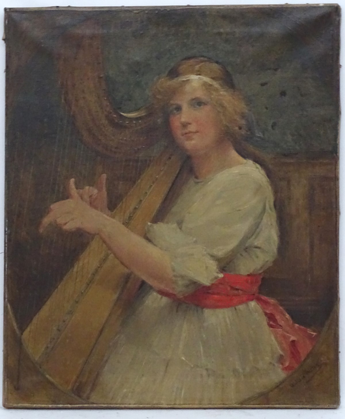 Wallace Heston, XIX-XX, Pre-Raphaelite / Belle Epoque School, Oil on canvas, The Harpist, - Image 4 of 10
