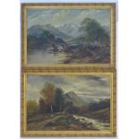 H Graham Late XIX Scottish School, Oil on canvas , a pair, Deer at a loch, Sheep crossing a bridge,