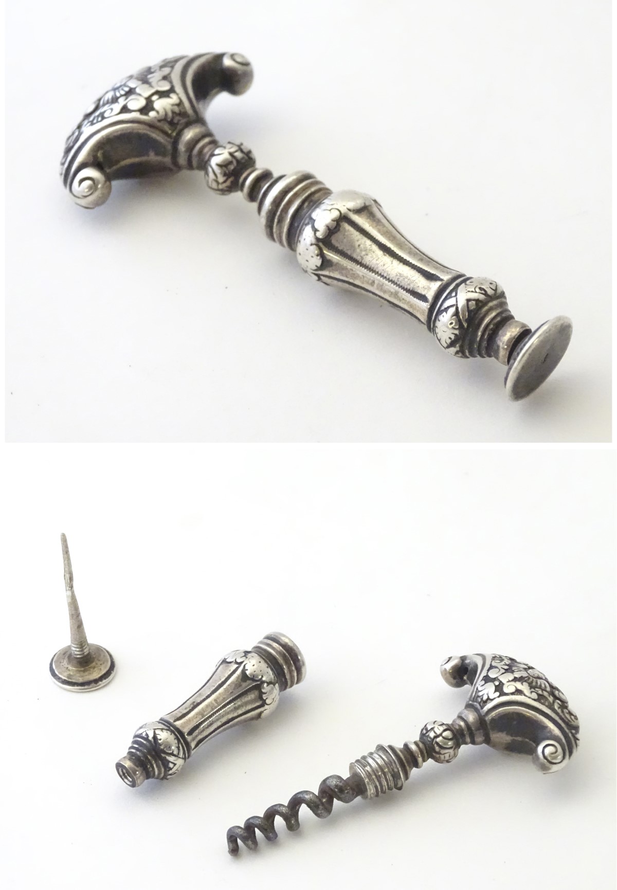 Corkscew : A 18thC Dutch white metal ( silver) corkscrew with shaped handle having acanthus