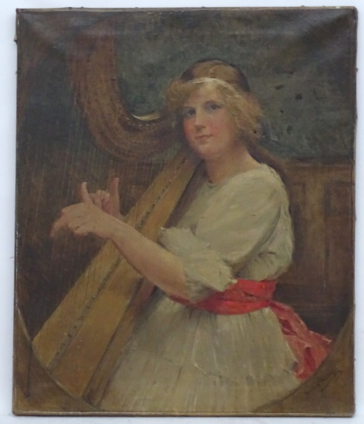 Wallace Heston, XIX-XX, Pre-Raphaelite / Belle Epoque School, Oil on canvas, The Harpist,