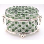 A 21stC silver plated and hobnail cut, coloured glass table casket with twin handles.