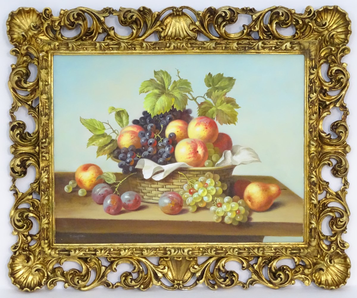 Tom Caspers XX, Oil on canvas laid on board, Still life of fruit, apples, grapes, plums, pears,