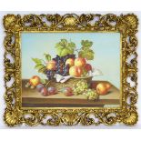 Tom Caspers XX, Oil on canvas laid on board, Still life of fruit, apples, grapes, plums, pears,