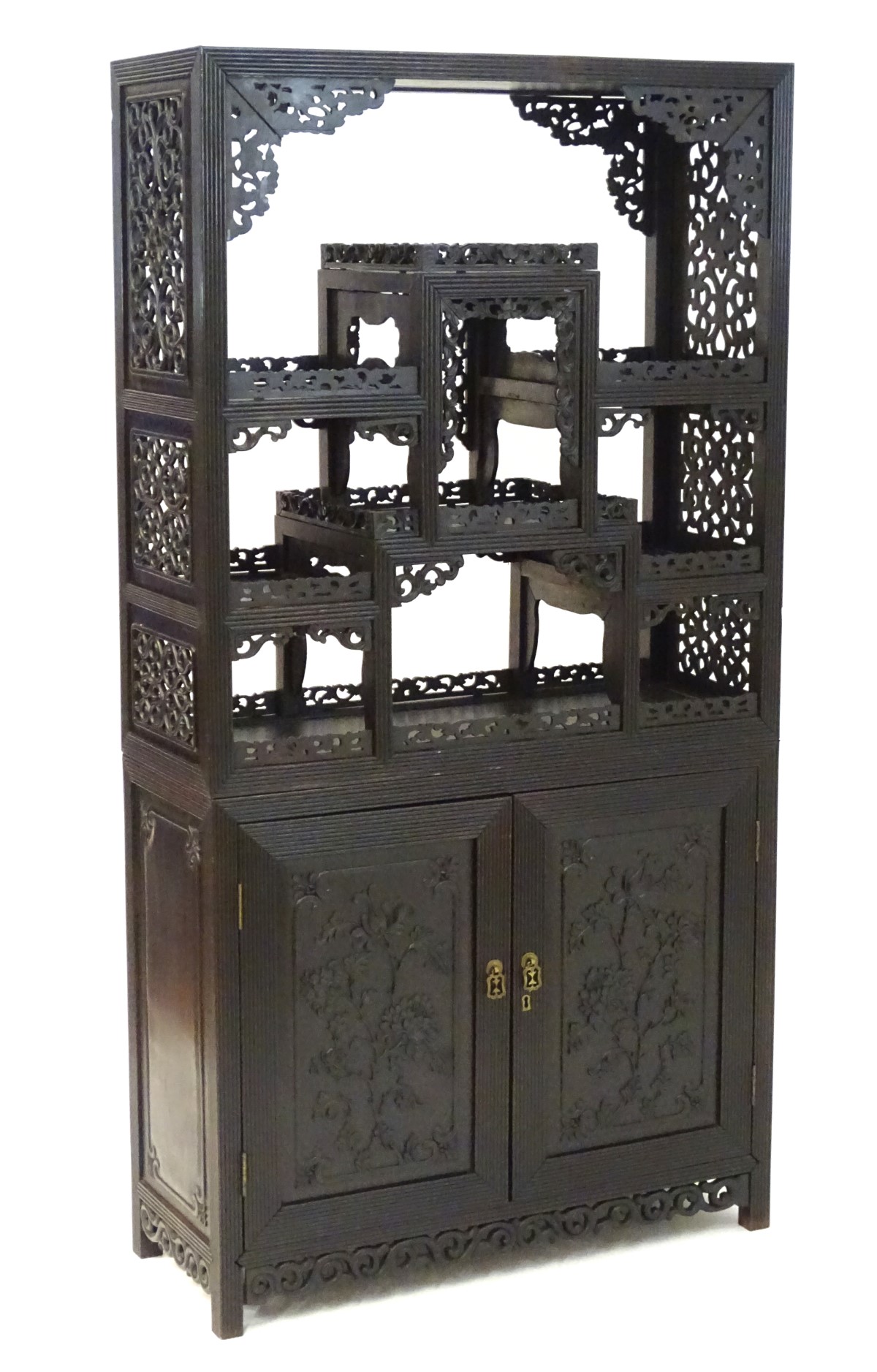 A late 19thC / early 20thC Chinese hardwood cabinet with open display shelves resting on a cupboard - Image 6 of 10