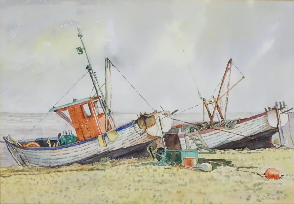 Mrs Dorothy Graham, XX, Watercolour, Fishing boats on a shingle beach, Aldeburgh, Suffolk, - Image 7 of 8