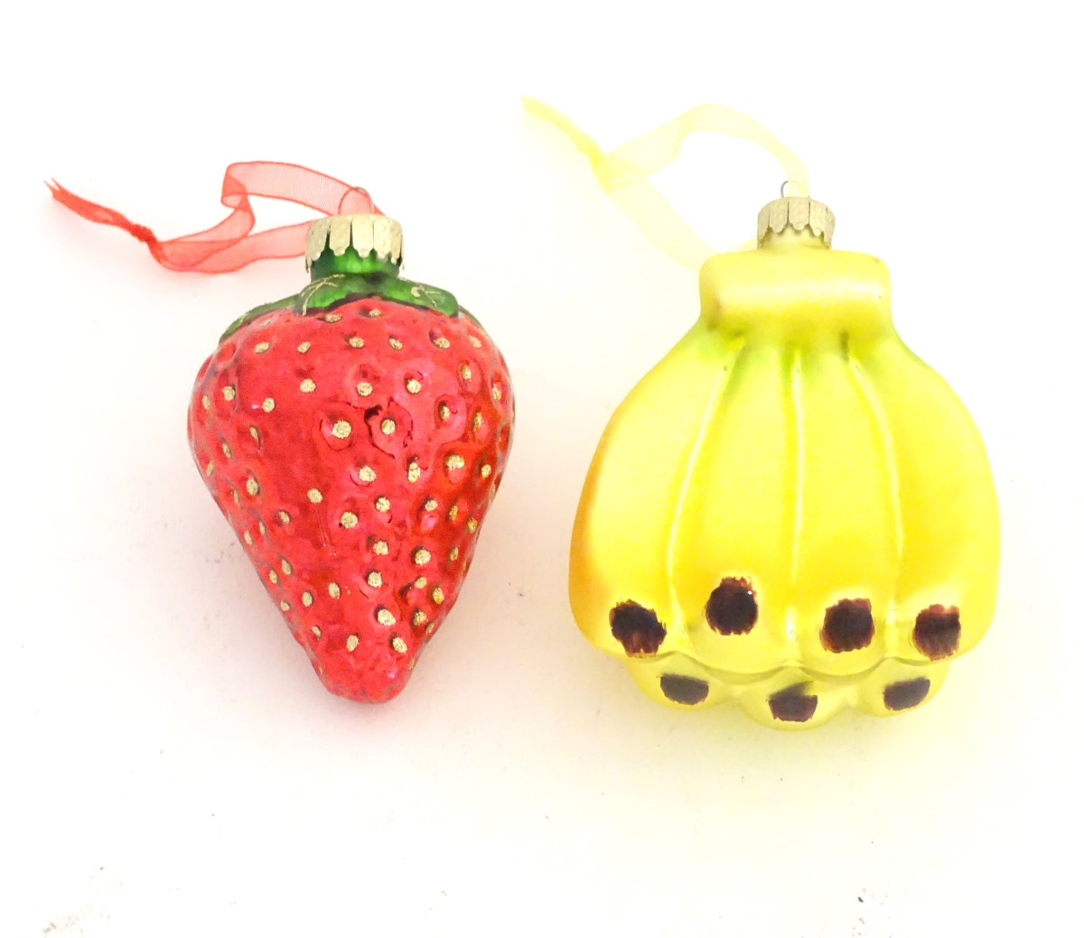Christmas decorations : two novelty glass baubles one formed as a strawberry the other a bunch of