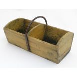 An old two sectional pine house keepers box with a wrought iron loop handle, 6 " high.