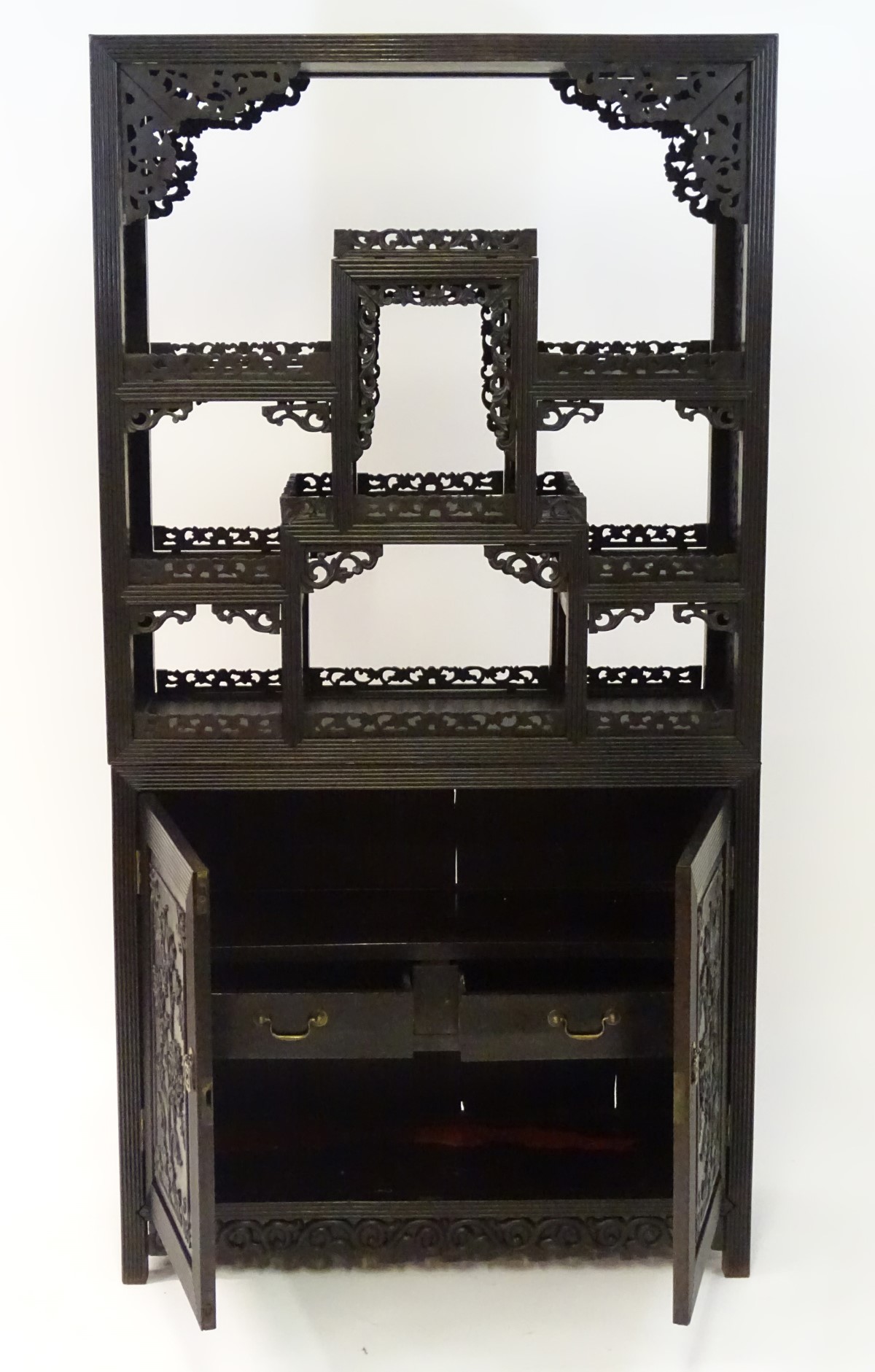 A late 19thC / early 20thC Chinese hardwood cabinet with open display shelves resting on a cupboard - Image 10 of 10