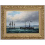 James Hardy, XX, Marine School, Oil on canvas board, A paddle ship and a war ship off the coast,