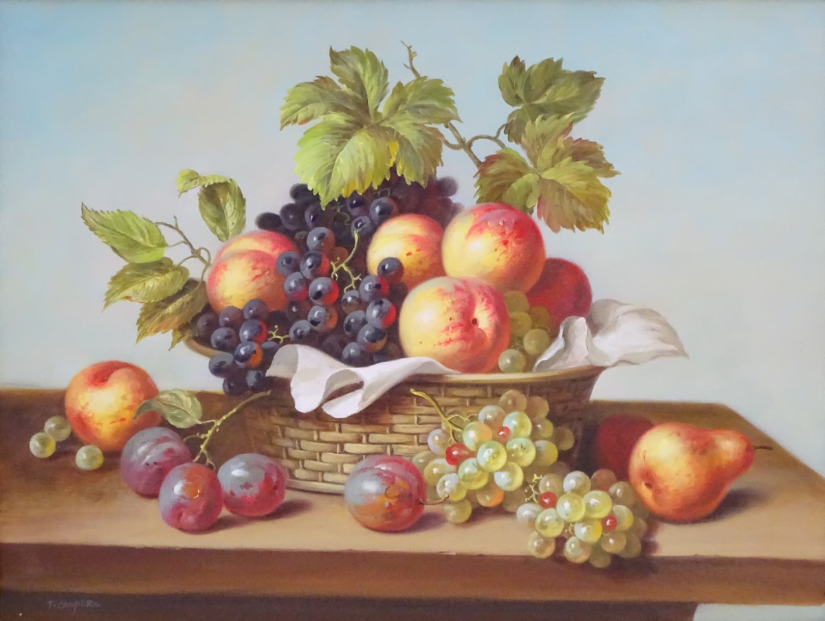 Tom Caspers XX, Oil on canvas laid on board, Still life of fruit, apples, grapes, plums, pears, - Image 6 of 10