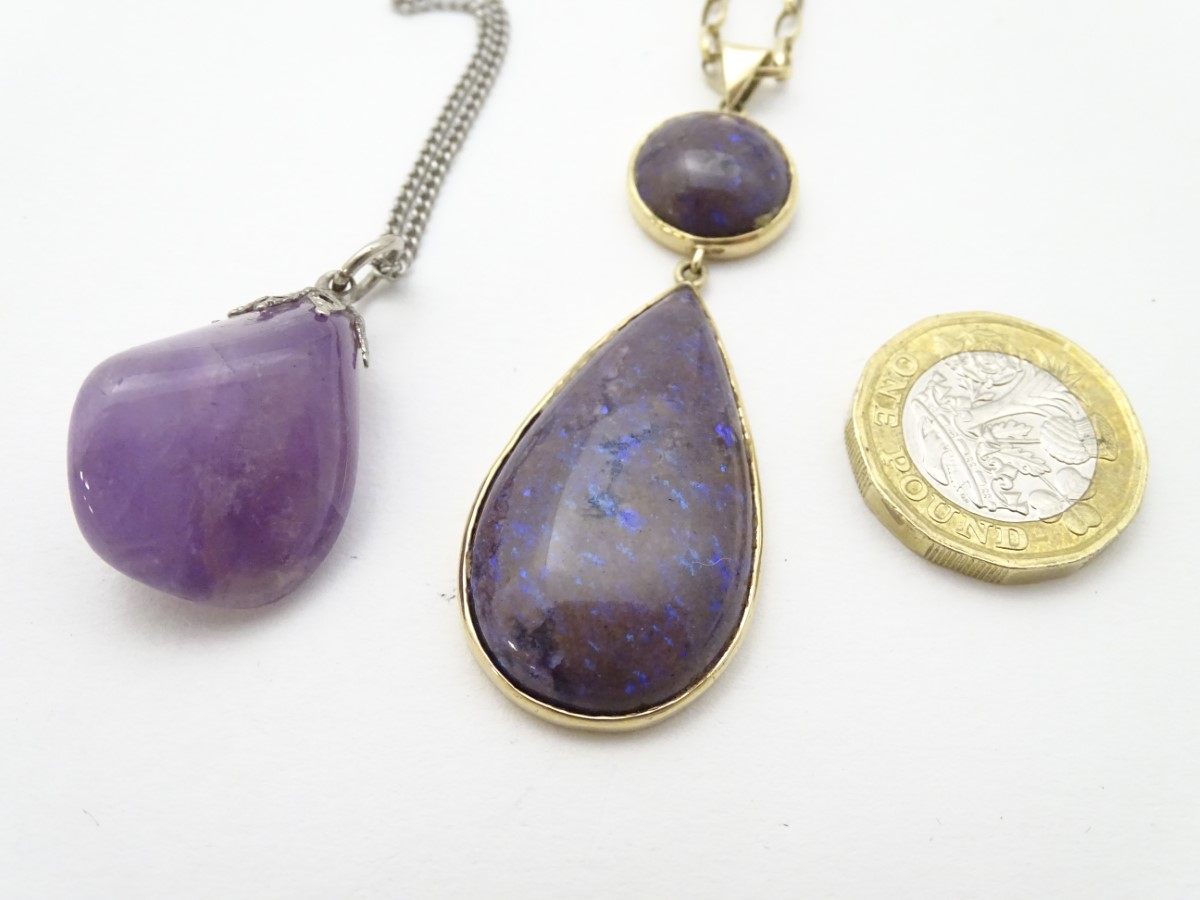 A yellow metal pendant set with opal cabochon on a 9ct gold chain 24" long together with an - Image 8 of 9