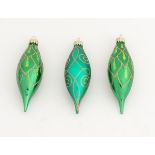 Christmas decorations : Three green glass baubles of drop form with gold glitter detail.