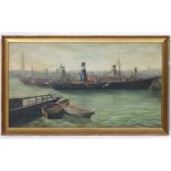 ? Baldock, 1922, Oil on canvas, 'Grimsby Fish Dock 1922', steam trawlers moored.