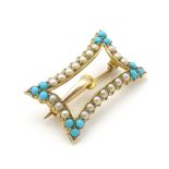 A late 19thC / early 20thC 15ct gold buckle formed brooch set with turquoise and seed pearl.