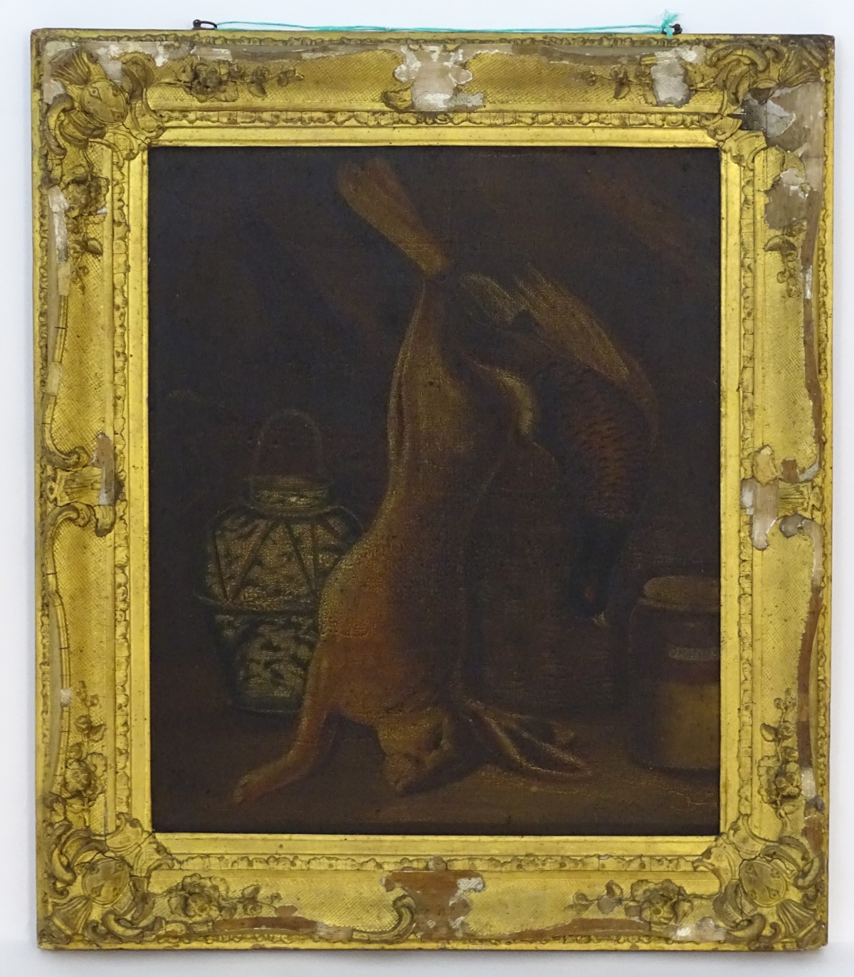 C. 1800 English School, Oil on canvas, The Day Bag ; hare, pheasants, Chinese vase , onions etc.