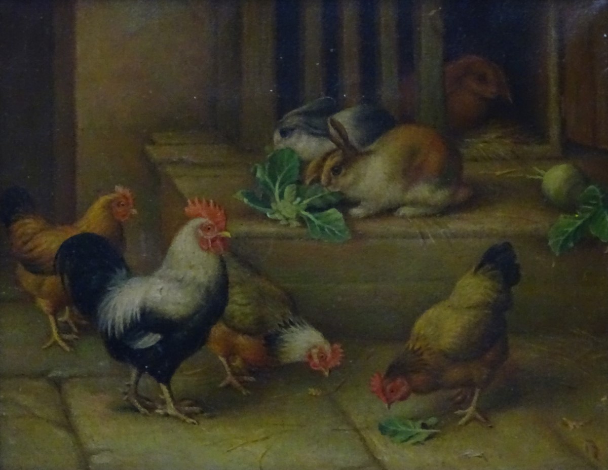 Follower of Edgar Hunt, XX, Oil on canvas, Hens and rabbits, In a heavy gilt frame. - Image 9 of 10