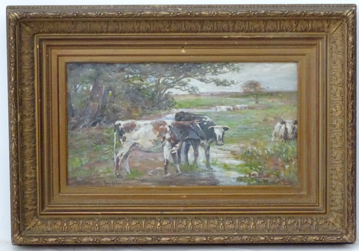 John Carlaw (1850-1934), RSW, Oil on board, Cattle near a river, Signed lower left.