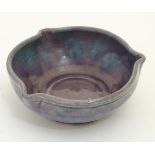 A Baron Barnstable studio pottery dish / bowl with a mottled purple and blue glaze and three spout
