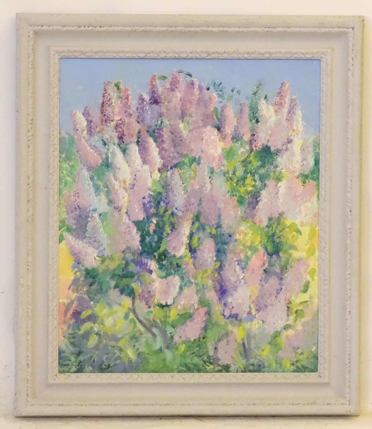 P Morley, 1992, Oil on canvas, A lupin bush, Signed and dated lower left.