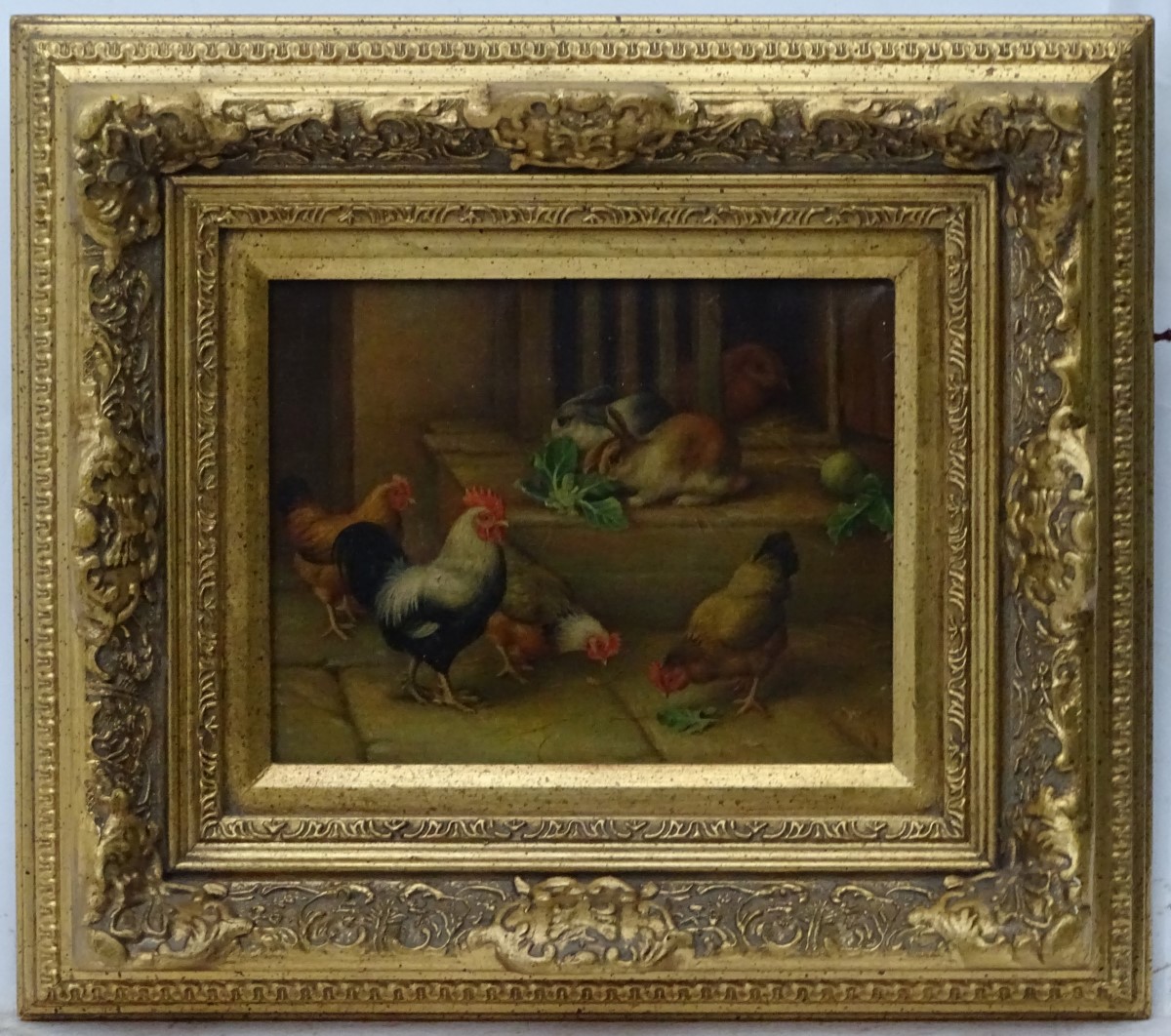Follower of Edgar Hunt, XX, Oil on canvas, Hens and rabbits, In a heavy gilt frame.