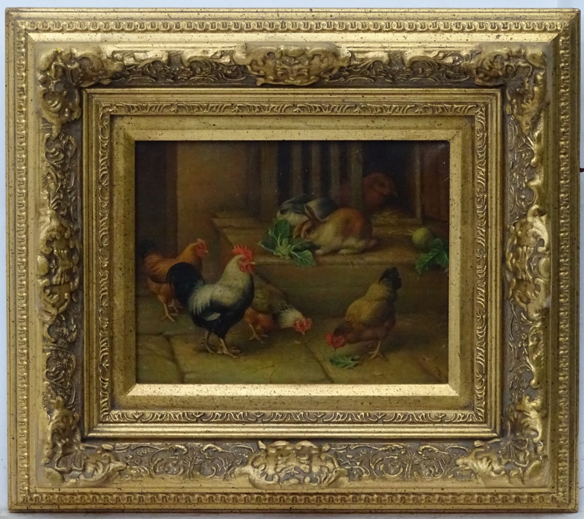 Follower of Edgar Hunt, XX, Oil on canvas, Hens and rabbits, In a heavy gilt frame. - Image 6 of 10