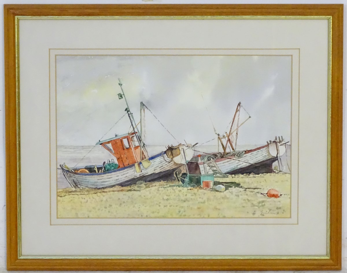 Mrs Dorothy Graham, XX, Watercolour, Fishing boats on a shingle beach, Aldeburgh, Suffolk,