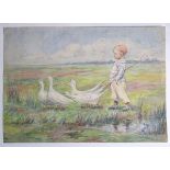 Mid XX, Continental School, Watercolour, A young boy with geese on a water meadow.