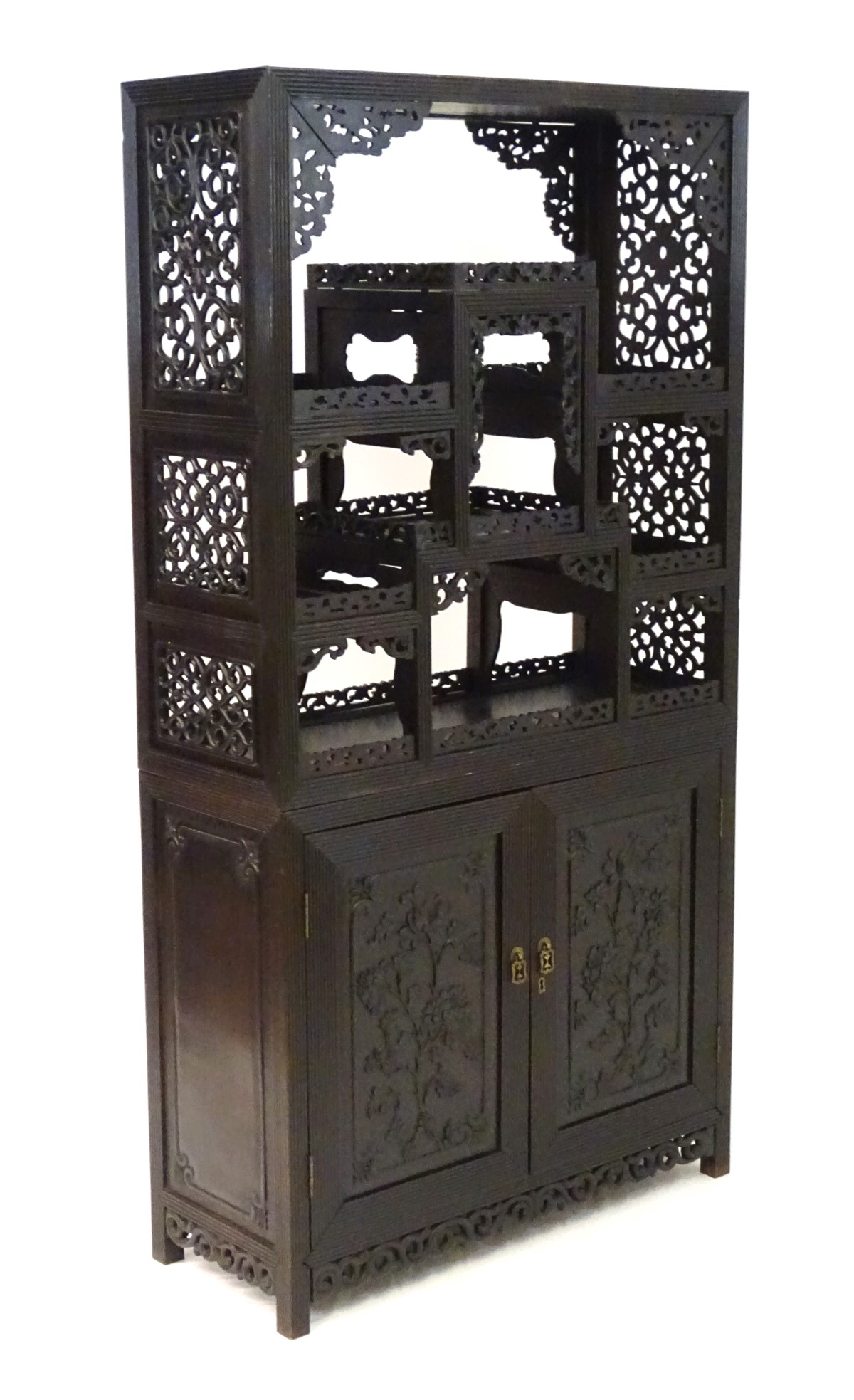 A late 19thC / early 20thC Chinese hardwood cabinet with open display shelves resting on a cupboard - Image 5 of 10