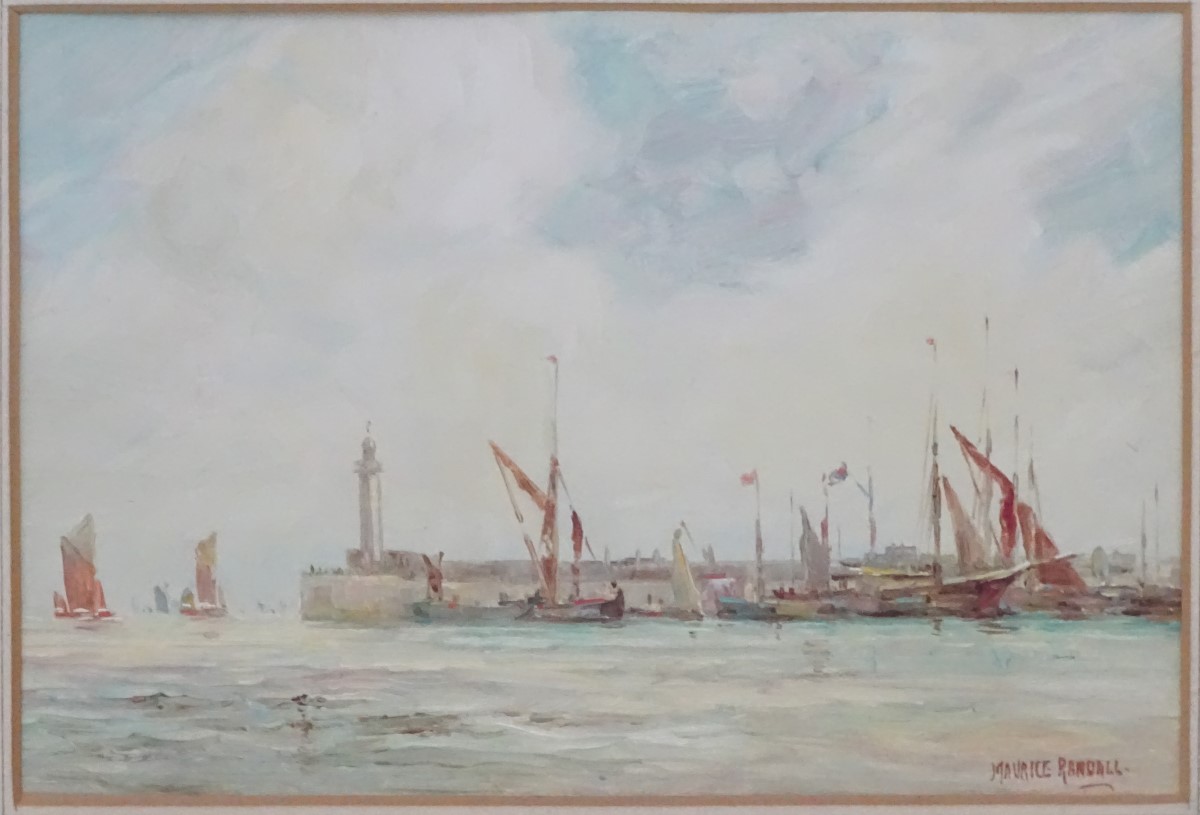 Maurice Randall (1865-1950), Oil on card, Shipping at Dover harbour, boats moored against the jetty, - Image 9 of 10