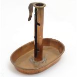 Chamber Stick: a copper candlestick with oval drip tray, 7 5/8" high.
