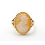 A 15ct gold ring set with oval cameo depicting Ares Roman god of war.